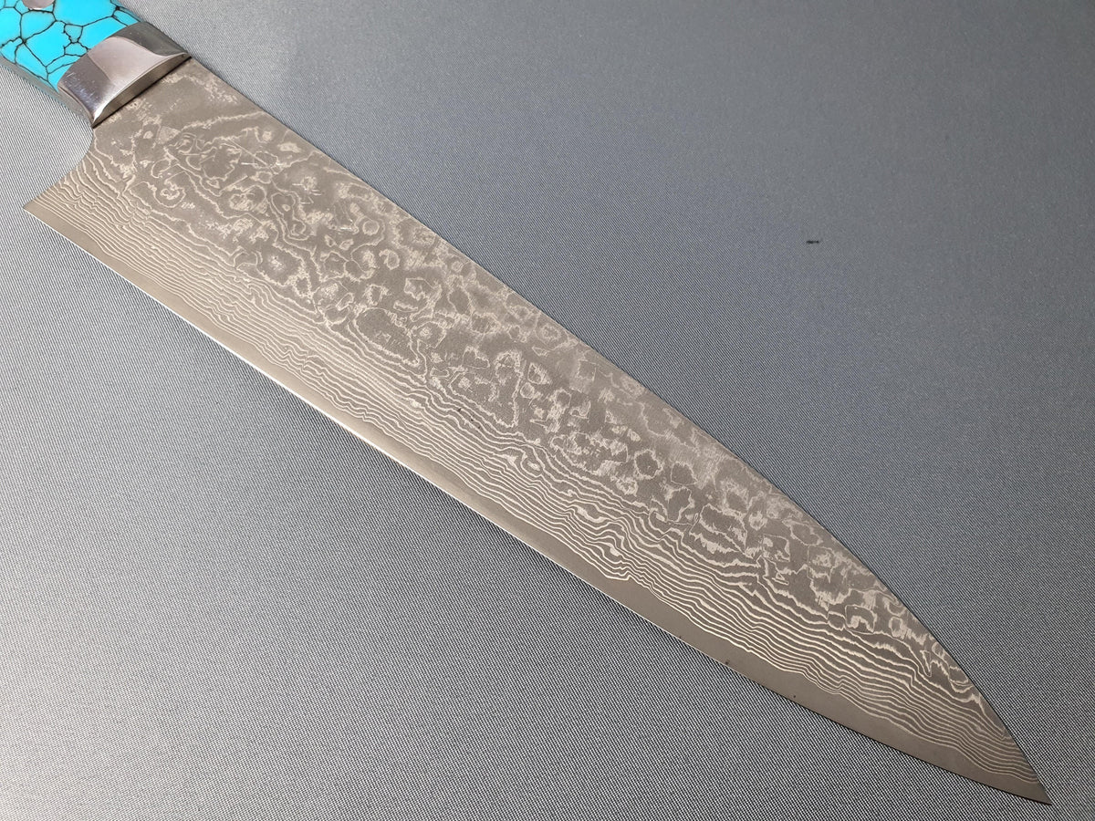 Takeshi Saji R2 Diamond Finish Damascus TCA Japanese Chef's Bunka Knife  180mm with Blue Turquoise Handle