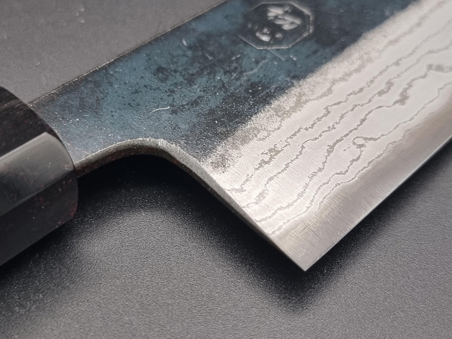 Hatsukokoro Kumokage Blue #2 Kurouchi Damascus 180mm Santoku - The Sharp Chef