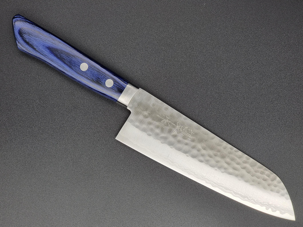 Masutani VG10 Hammered Damascus 170mm Santoku with Blue Handle - The Sharp Chef