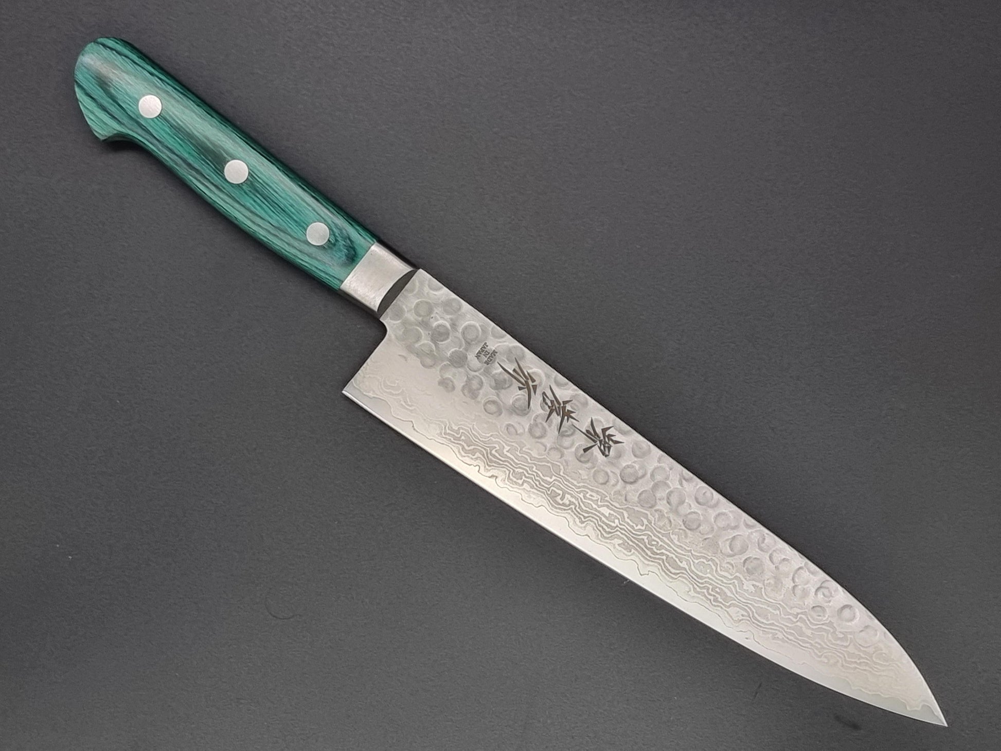 Sakai Takayuki VG10 17 Layer Hammered Damascus 180mm Gyuto with Green Handle - The Sharp Chef