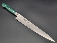 Sakai Takayuki VG10 17 Layer Hammered Damascus 240mm Sujihiki with Green Handle - The Sharp Chef
