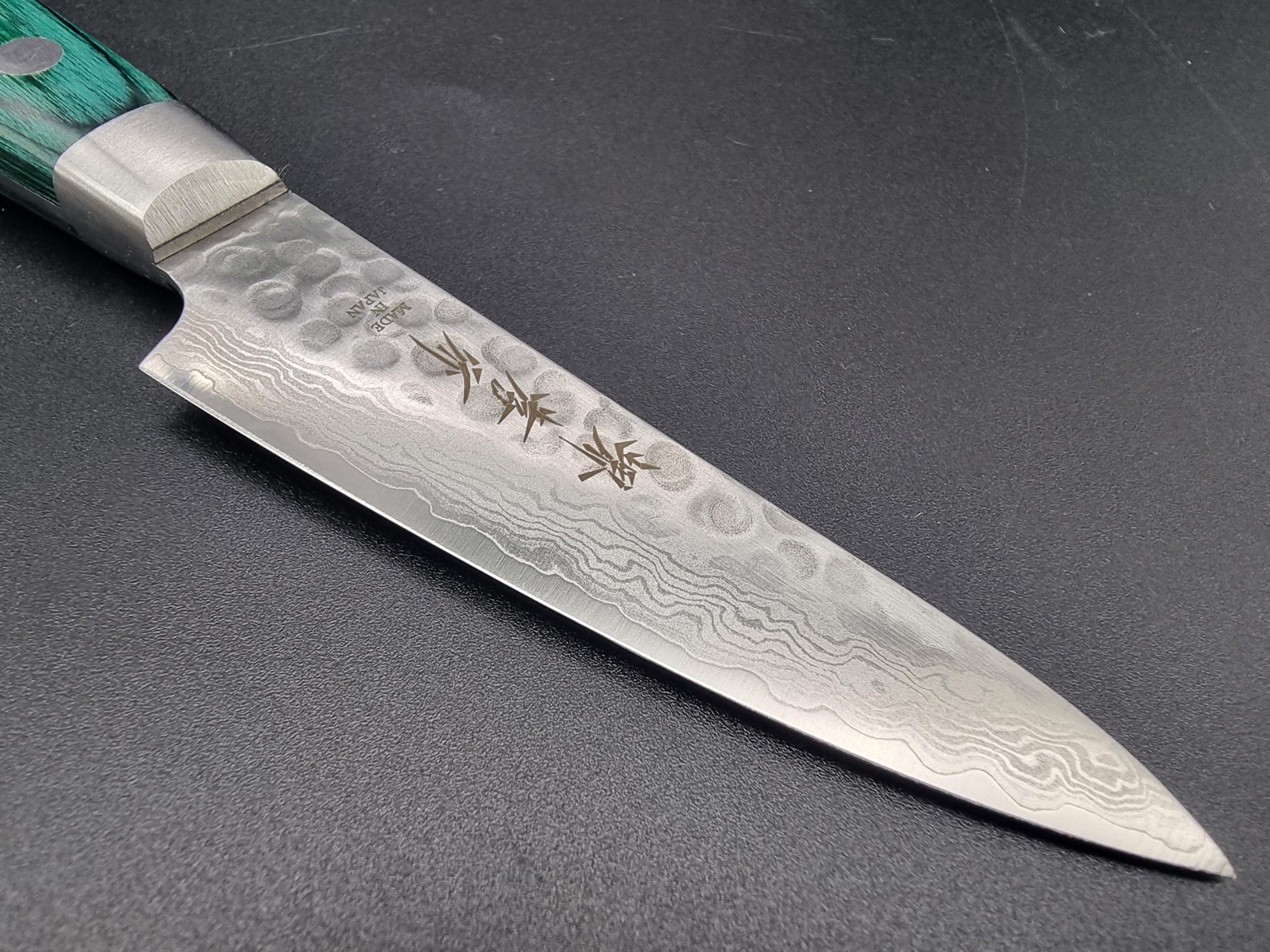 Sakai Takayuki VG10 17 Layer Hammered Damascus 80mm Paring with Green Handle - The Sharp Chef