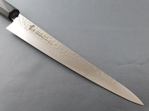 Sakai Takayuki VG10 33 Layer Hammered Damascus 240mm Sujihiki with Angled Wenge Handle - The Sharp Chef