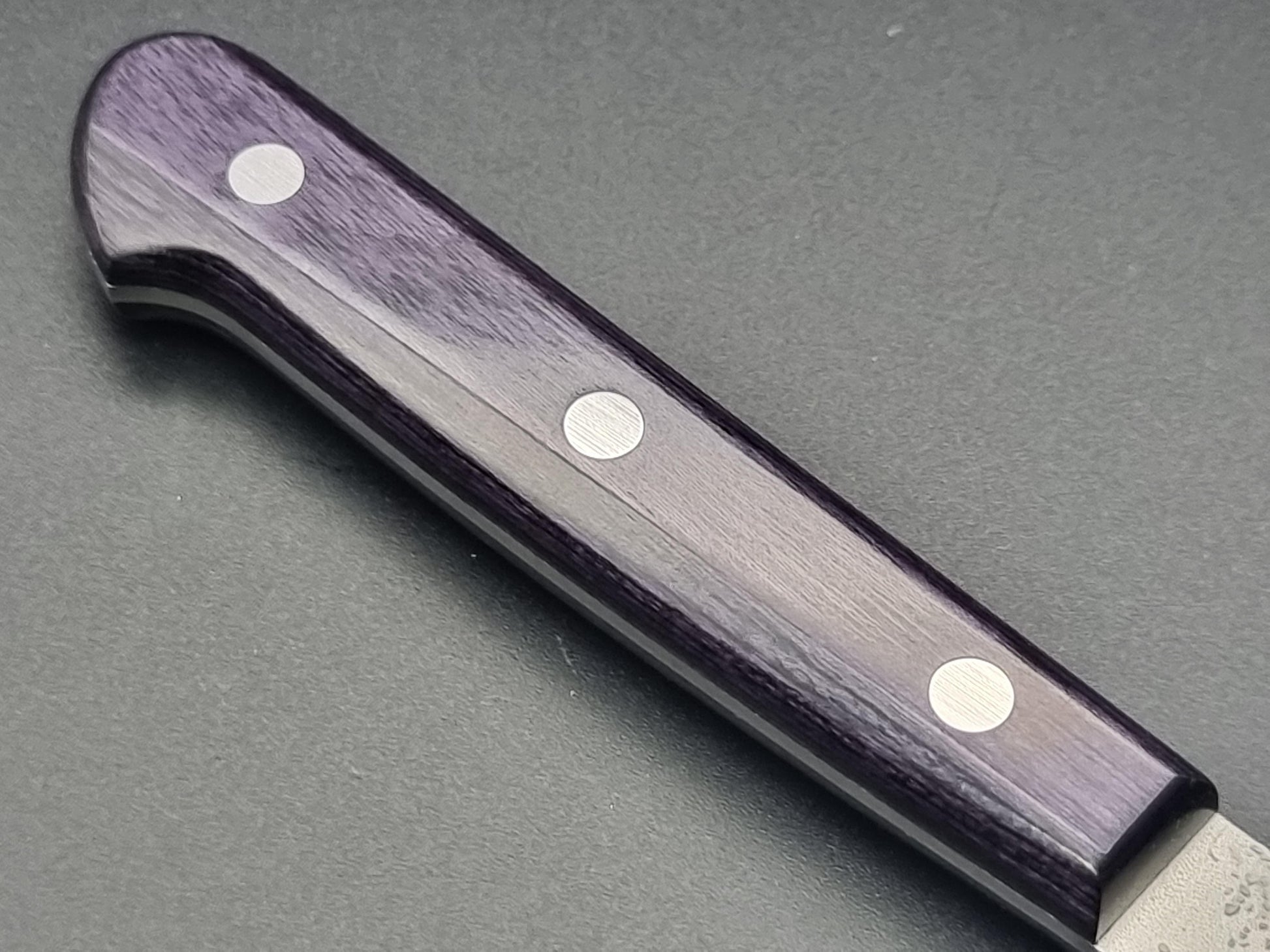 Seisuke Hamono Ginsan/Silver 3 Nashiji 135mm Petty - Purple Handle - The Sharp Chef