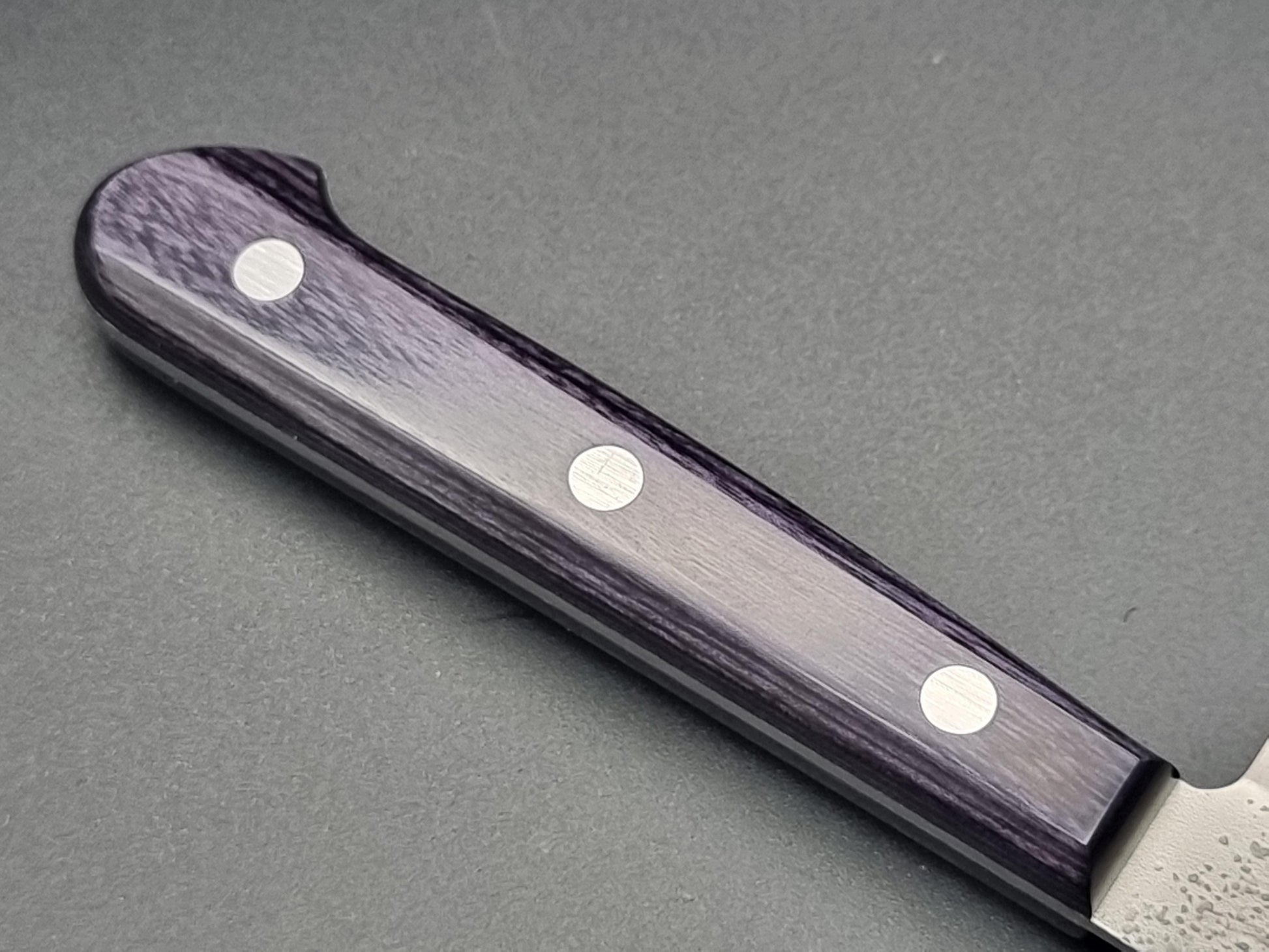 Seisuke Hamono Ginsan/Silver 3 Nashiji 135mm Petty - Purple Handle - The Sharp Chef