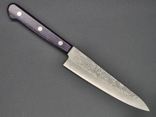 Seisuke Hamono Ginsan/Silver 3 Nashiji 135mm Petty - Purple Handle - The Sharp Chef