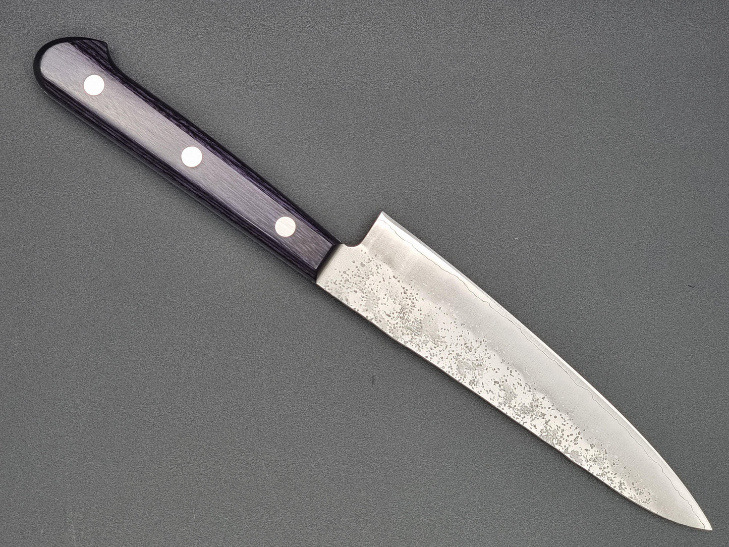 Seisuke Hamono Ginsan/Silver 3 Nashiji 135mm Petty - Purple Handle - The Sharp Chef