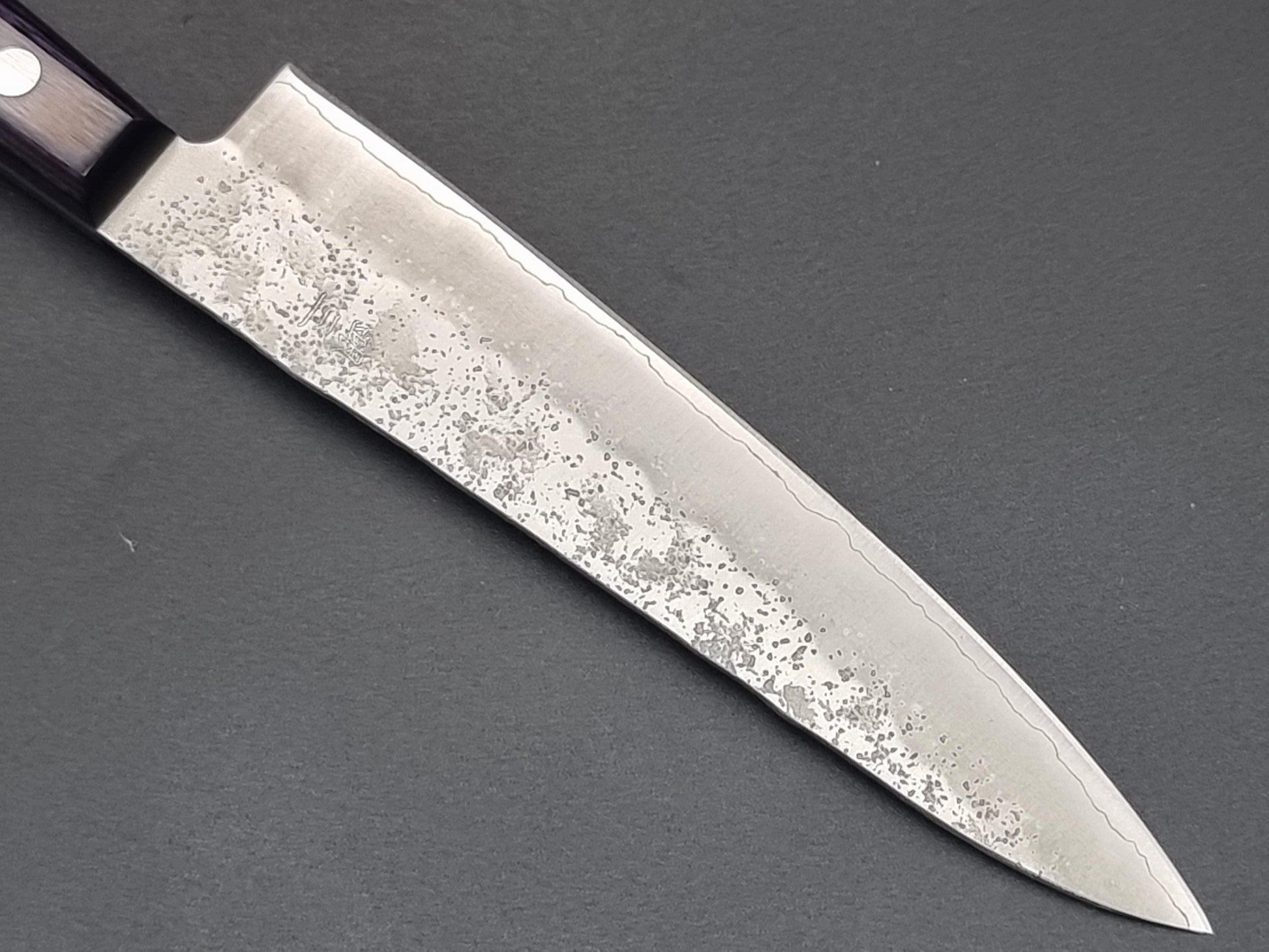 Seisuke Hamono Ginsan/Silver 3 Nashiji 135mm Petty - Purple Handle - The Sharp Chef