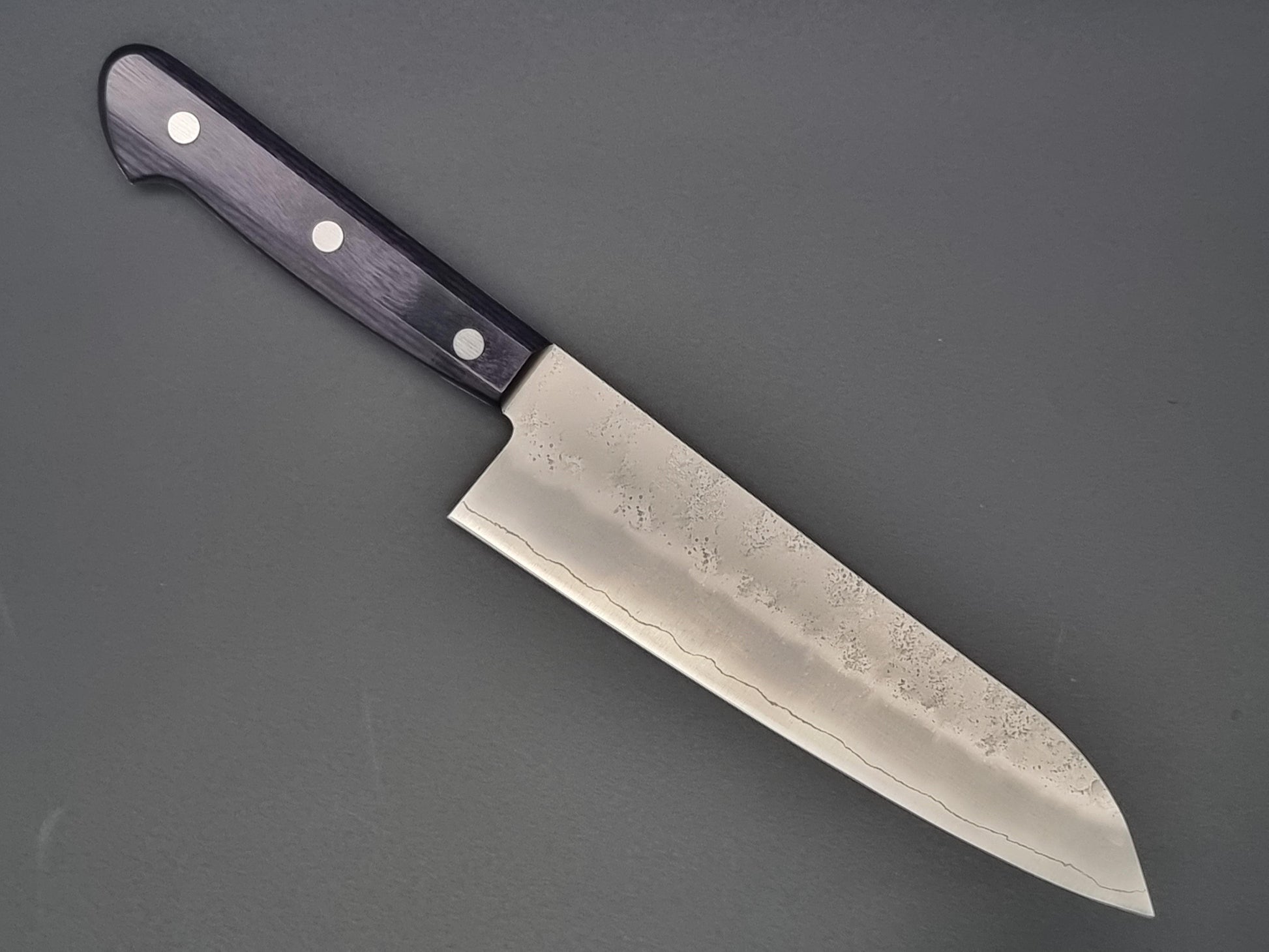 Seisuke Hamono Ginsan/Silver 3 Nashiji 180mm Santoku - Purple Handle - The Sharp Chef