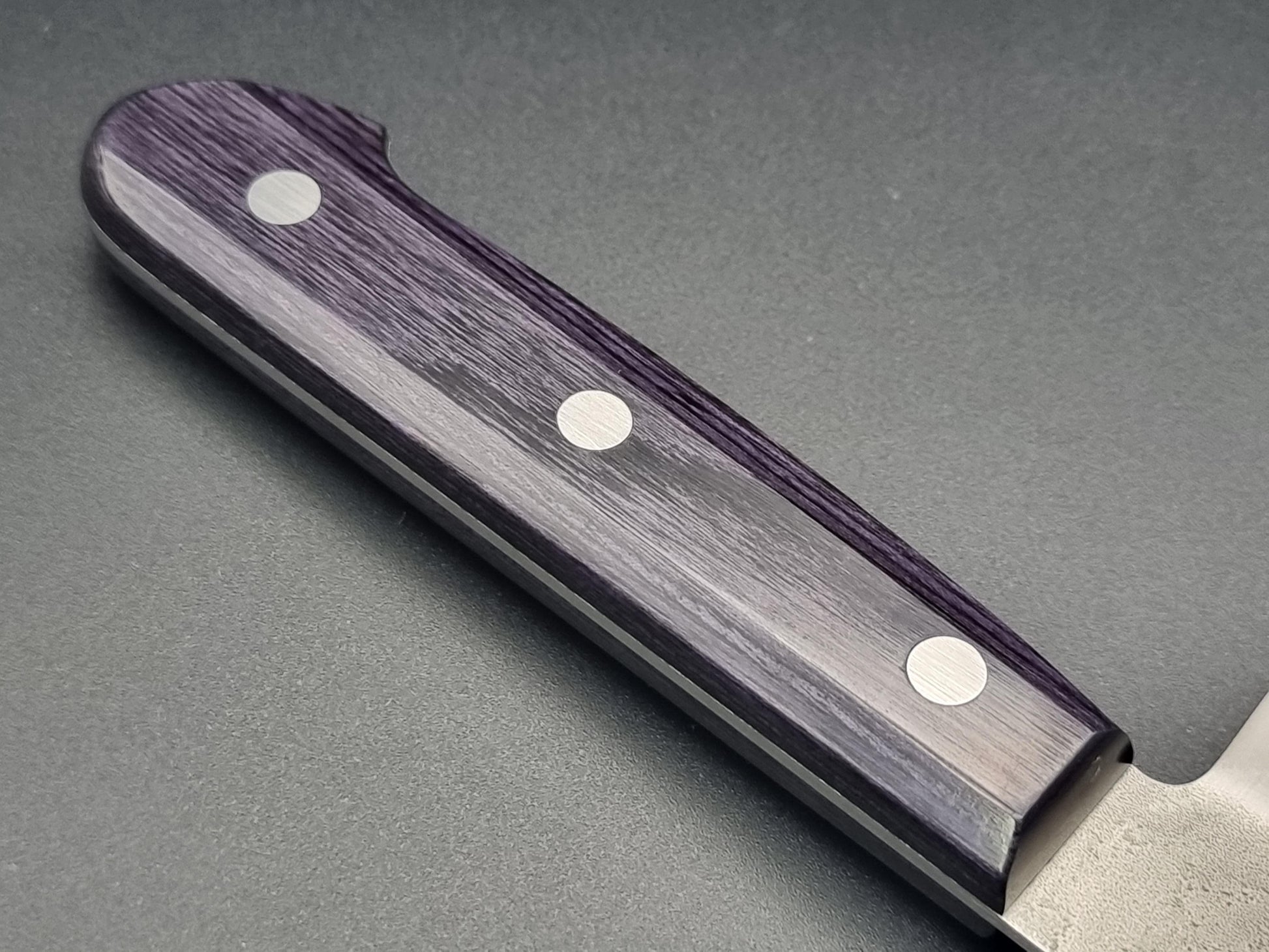 Seisuke Hamono Ginsan/Silver 3 Nashiji 180mm Santoku - Purple Handle - The Sharp Chef