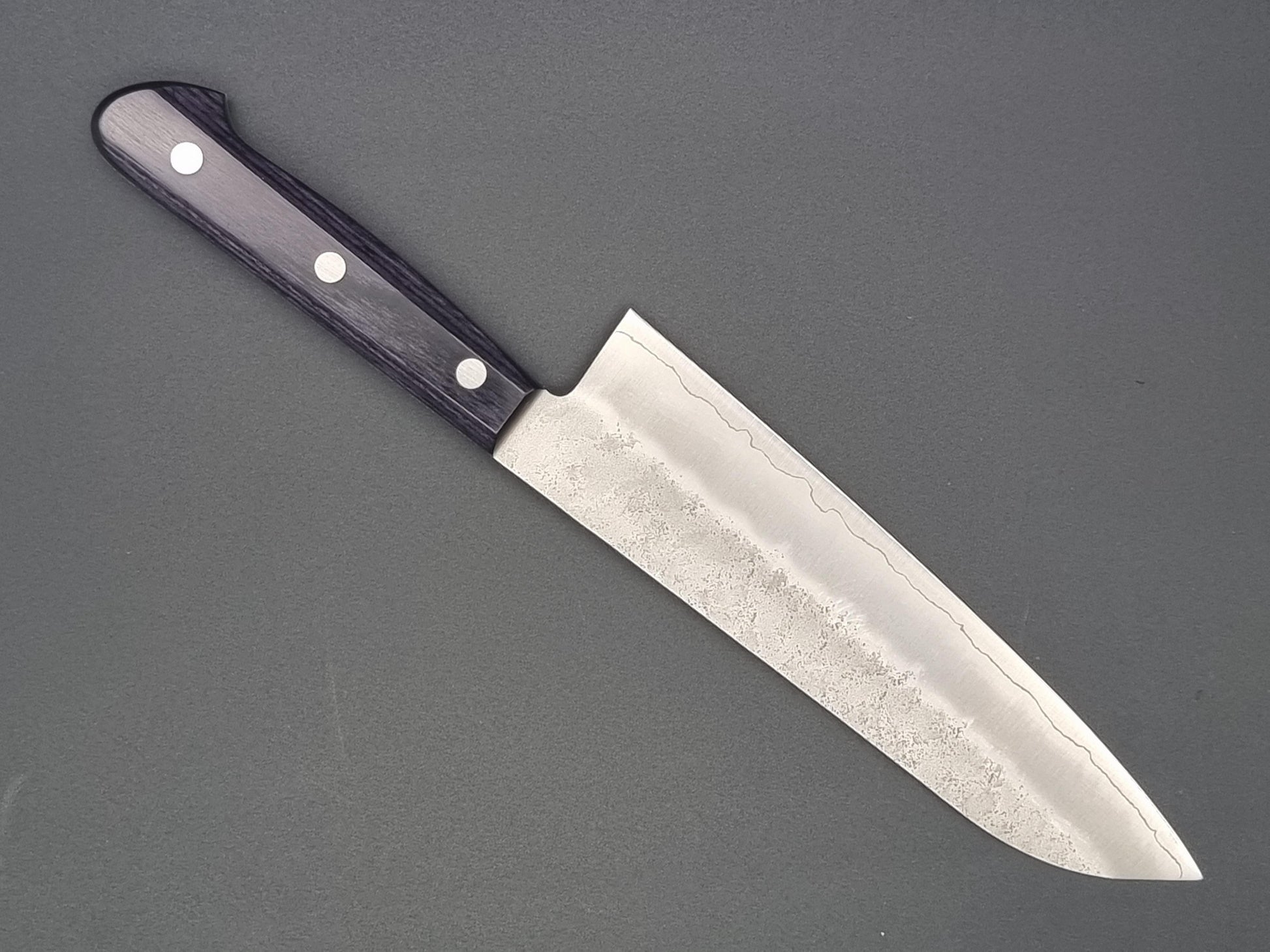 Seisuke Hamono Ginsan/Silver 3 Nashiji 180mm Santoku - Purple Handle - The Sharp Chef