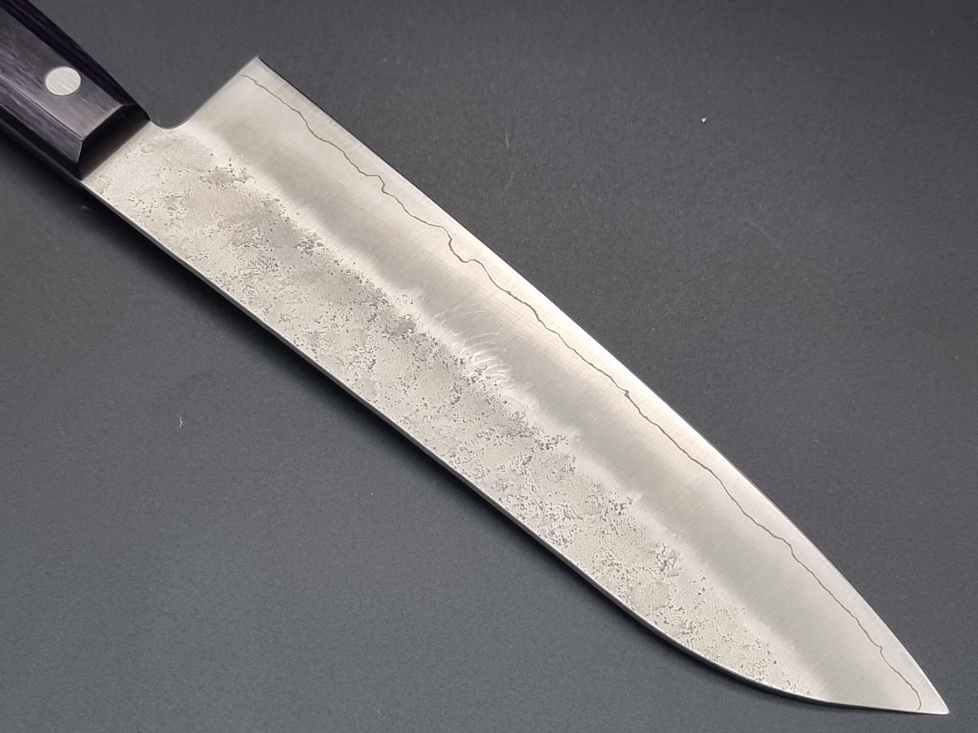 Seisuke Hamono Ginsan/Silver 3 Nashiji 180mm Santoku - Purple Handle - The Sharp Chef