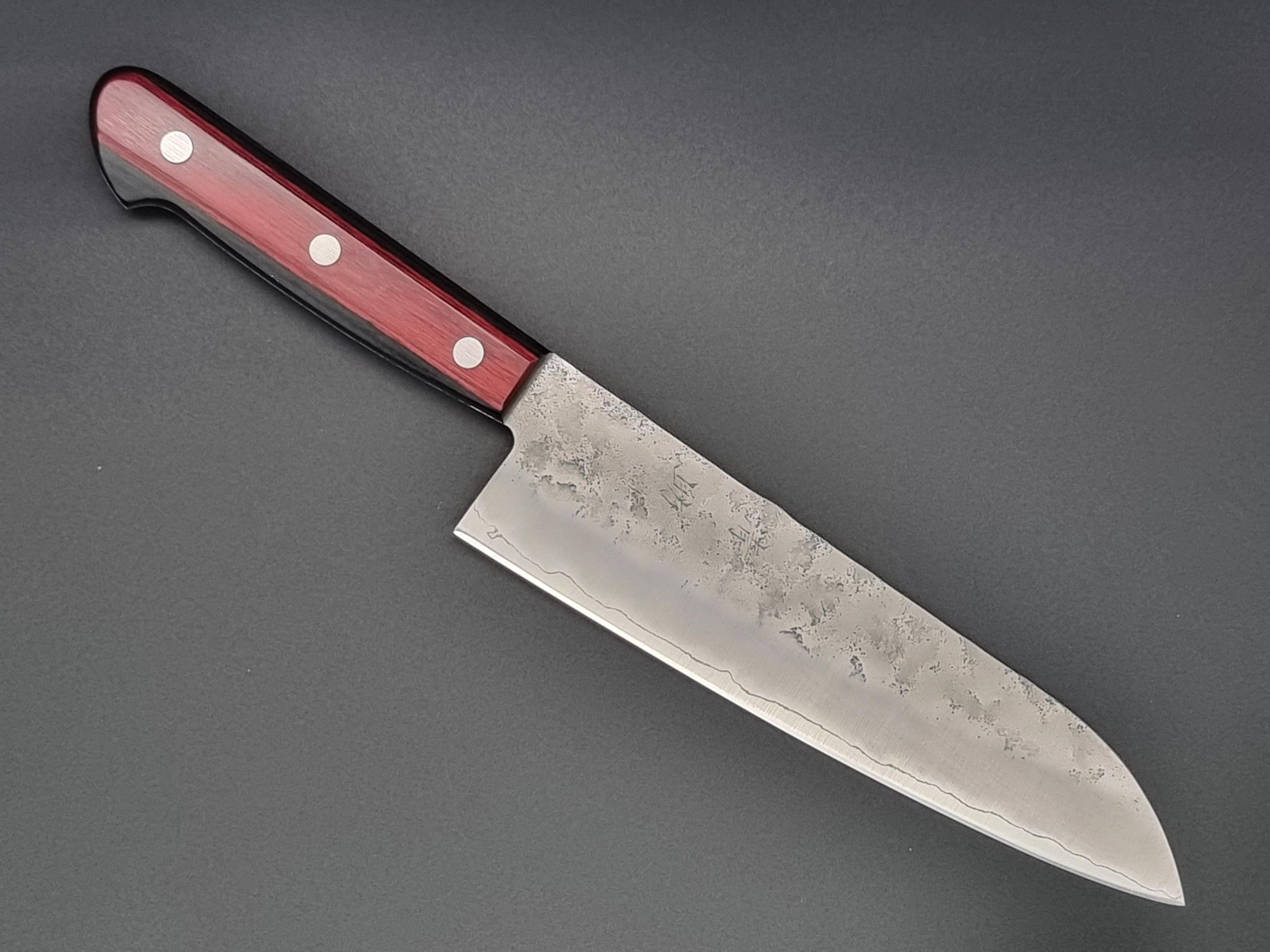 Seisuke Hamono Ginsan/Silver 3 Nashiji 180mm Santoku - Red Handle - The Sharp Chef