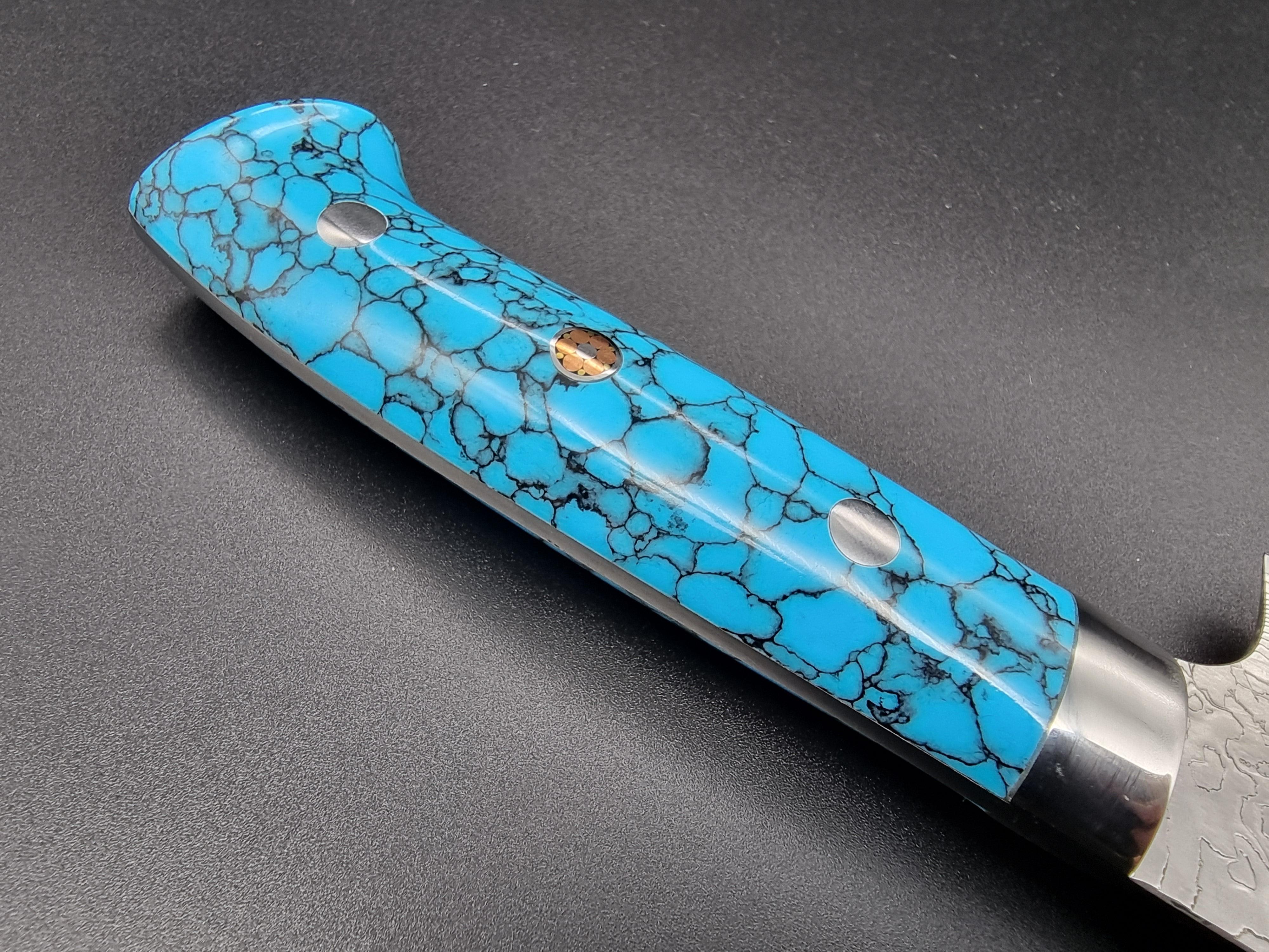 Takeshi Saji R2 Diamond Finish Damascus TCA Japanese Chef's Gyuto Knife  210mm with Blue Turquoise Handle