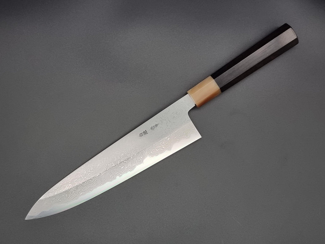Yoshikazu Tanaka Shirogami 1 Damascus 240mm Gyuto with Ebony Buffalo Handle - The Sharp Chef