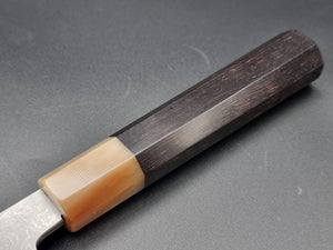 Yoshikazu Tanaka Shirogami 1 Damascus 240mm Gyuto with Ebony Buffalo Handle - The Sharp Chef